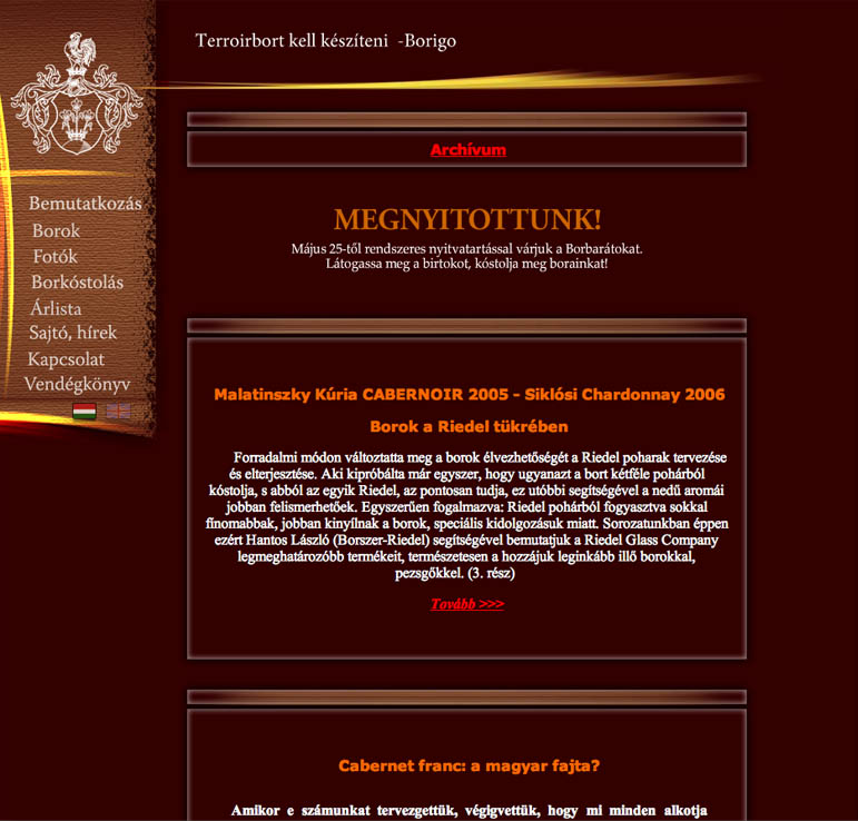A Malatinszky borászat első honlapja